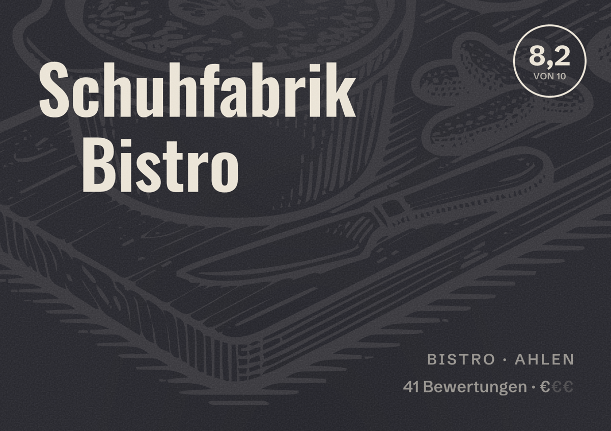 Illustriertes Poster von Schuhfabrik Bistro, Bistro in Ahlen: Bewertung 8,2 von 10 aus 41 Bewertungen, Preisniveau €