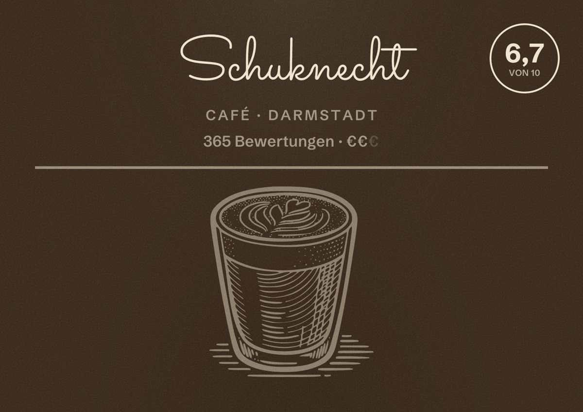 Illustriertes Poster von Schuknecht, Café in Darmstadt: Bewertung 6,7 von 10 aus 365 Bewertungen, Preisniveau €€