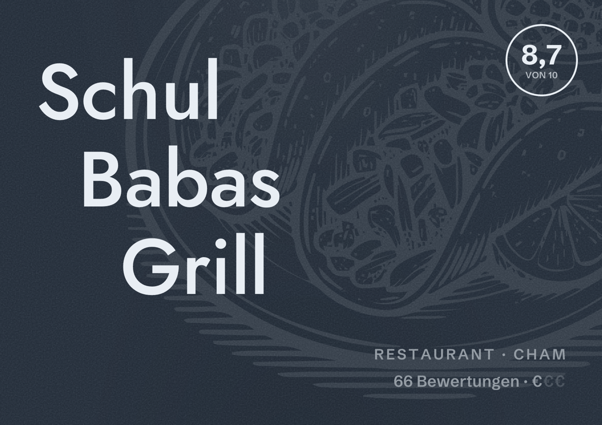 Illustriertes Poster von Schul Babas Grill, Restaurant in Cham: Bewertung 8,7 von 10 aus 66 Bewertungen, Preisniveau €