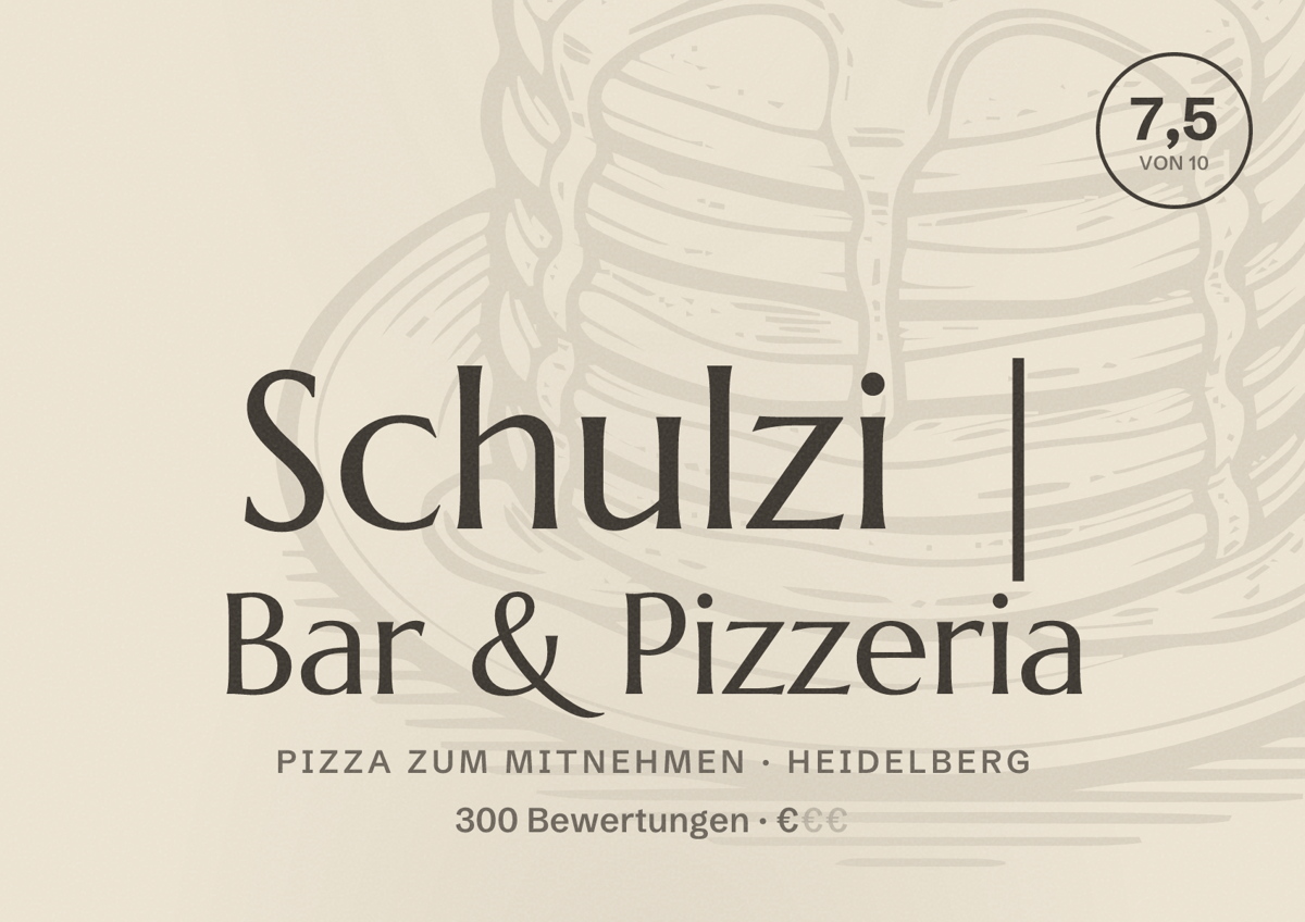 Illustriertes Poster von Schulzi | Bar & Pizzeria, Pizza zum Mitnehmen in Heidelberg: Bewertung 7,5 von 10 aus 300 Bewertungen, Preisniveau €