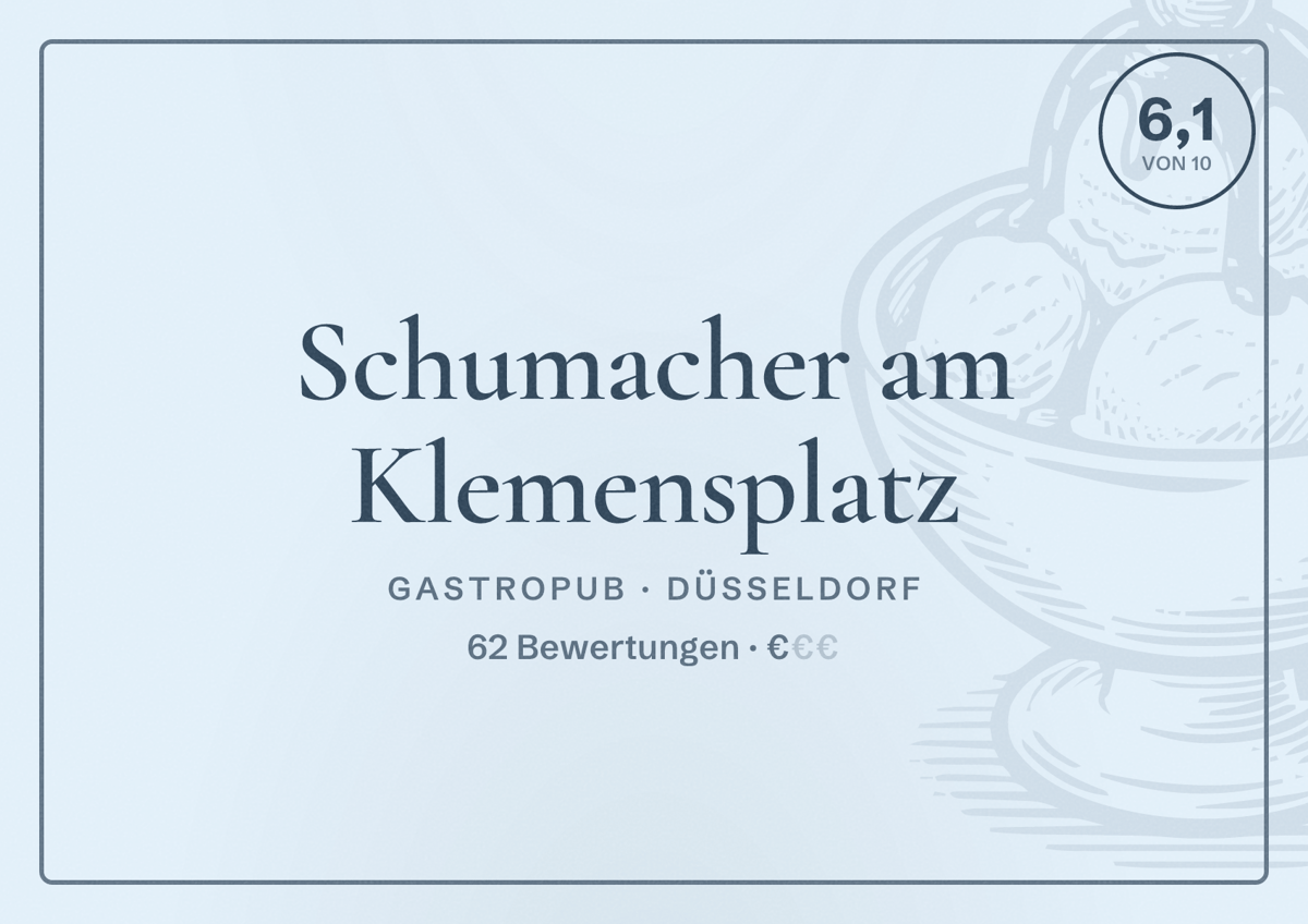 Illustriertes Poster von Schumacher am Klemensplatz, Gastropub in Düsseldorf: Bewertung 6,1 von 10 aus 62 Bewertungen, Preisniveau €