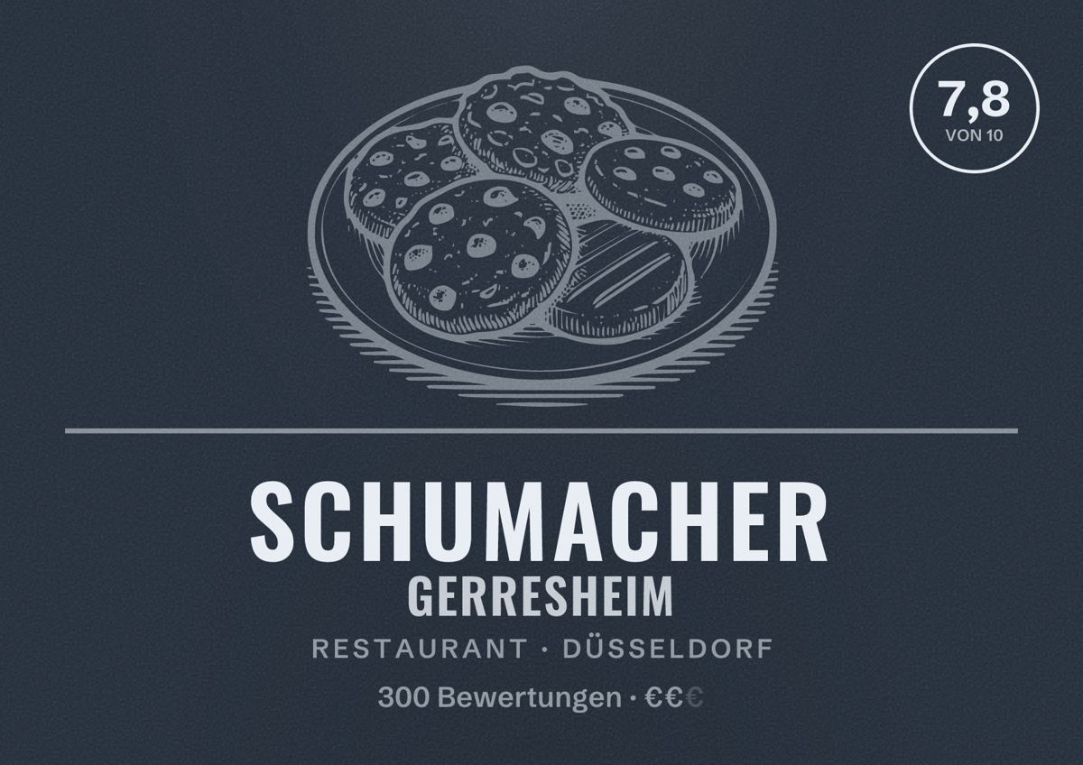 Illustriertes Poster von Schumacher Gerresheim, Restaurant in Düsseldorf: Bewertung 7,8 von 10 aus 300 Bewertungen, Preisniveau €€