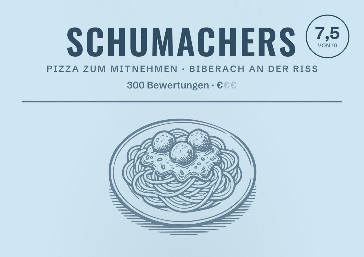 Illustriertes Poster von Schumachers, Pizza zum Mitnehmen in Biberach an der Riß: Bewertung 7,5 von 10 aus 300 Bewertungen, Preisniveau €