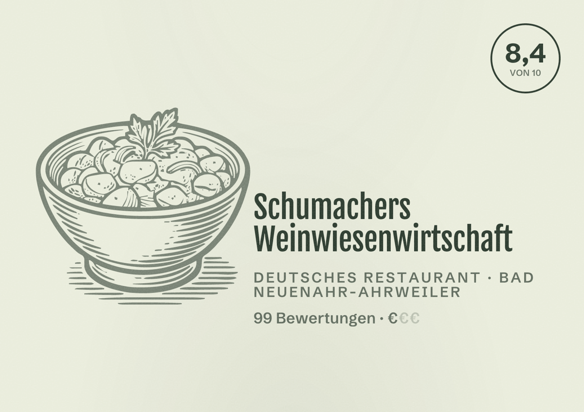 Illustriertes Poster von Schumachers Weinwiesenwirtschaft, Deutsches Restaurant in Bad Neuenahr-Ahrweiler: Bewertung 8,4 von 10 aus 99 Bewertungen, Preisniveau €