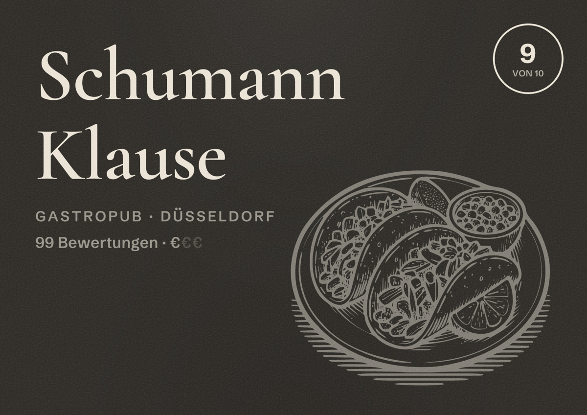 Illustriertes Poster von Schumann Klause, Gastropub in Düsseldorf: Bewertung 9,0 von 10 aus 99 Bewertungen, Preisniveau €