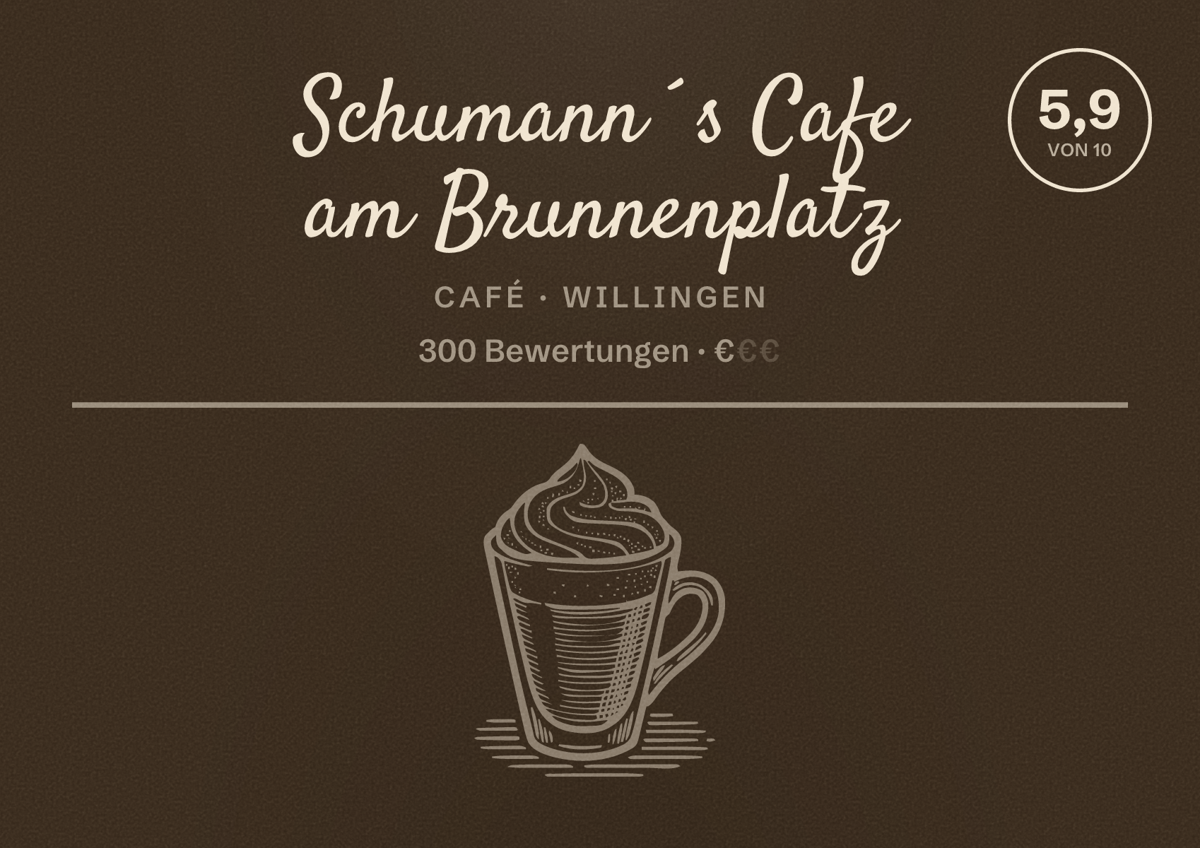 Illustriertes Poster von Schumann´s Cafe am Brunnenplatz, Café in Willingen: Bewertung 5,9 von 10 aus 300 Bewertungen, Preisniveau €