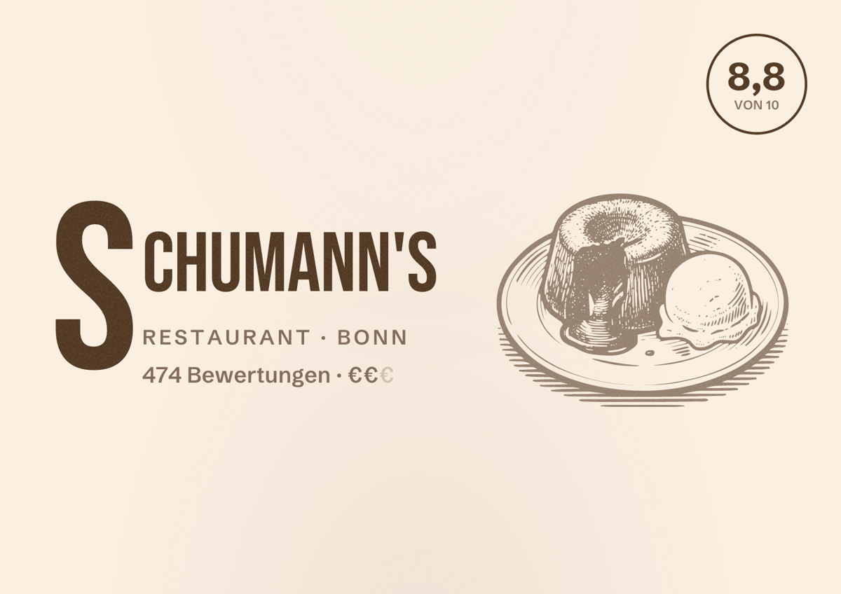 Illustriertes Poster von Schumann's, Restaurant in Bonn: Bewertung 8,8 von 10 aus 474 Bewertungen, Preisniveau €€