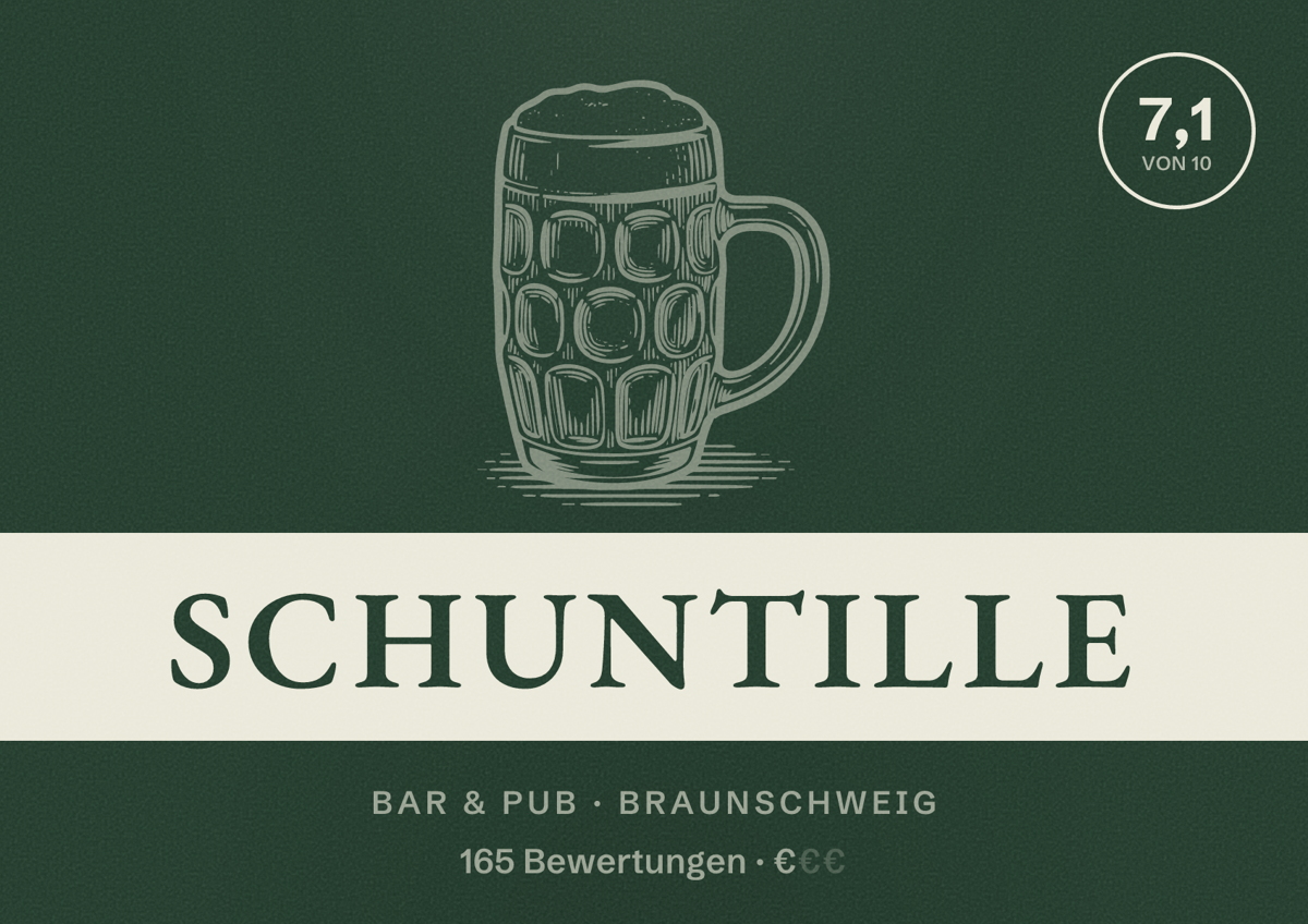 Illustriertes Poster von Schuntille, Bar & Pub in Braunschweig: Bewertung 7,1 von 10 aus 165 Bewertungen, Preisniveau €