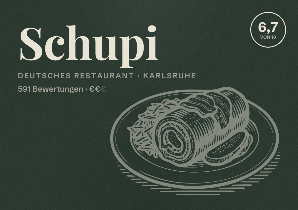 Illustriertes Poster von Schupi, Deutsches Restaurant in Karlsruhe: Bewertung 6,7 von 10 aus 591 Bewertungen, Preisniveau €€