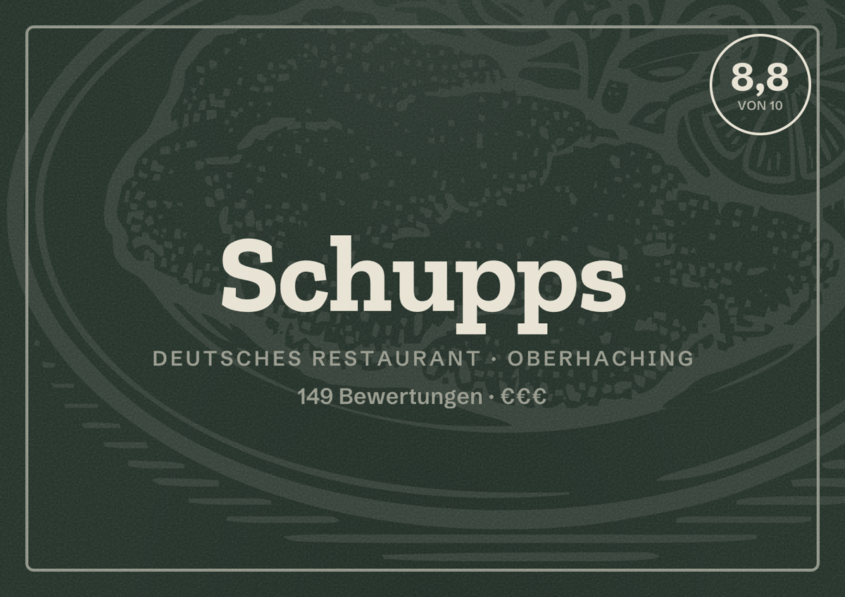 Illustriertes Poster von Schupps, Deutsches Restaurant in Oberhaching: Bewertung 8,8 von 10 aus 149 Bewertungen, Preisniveau €€€