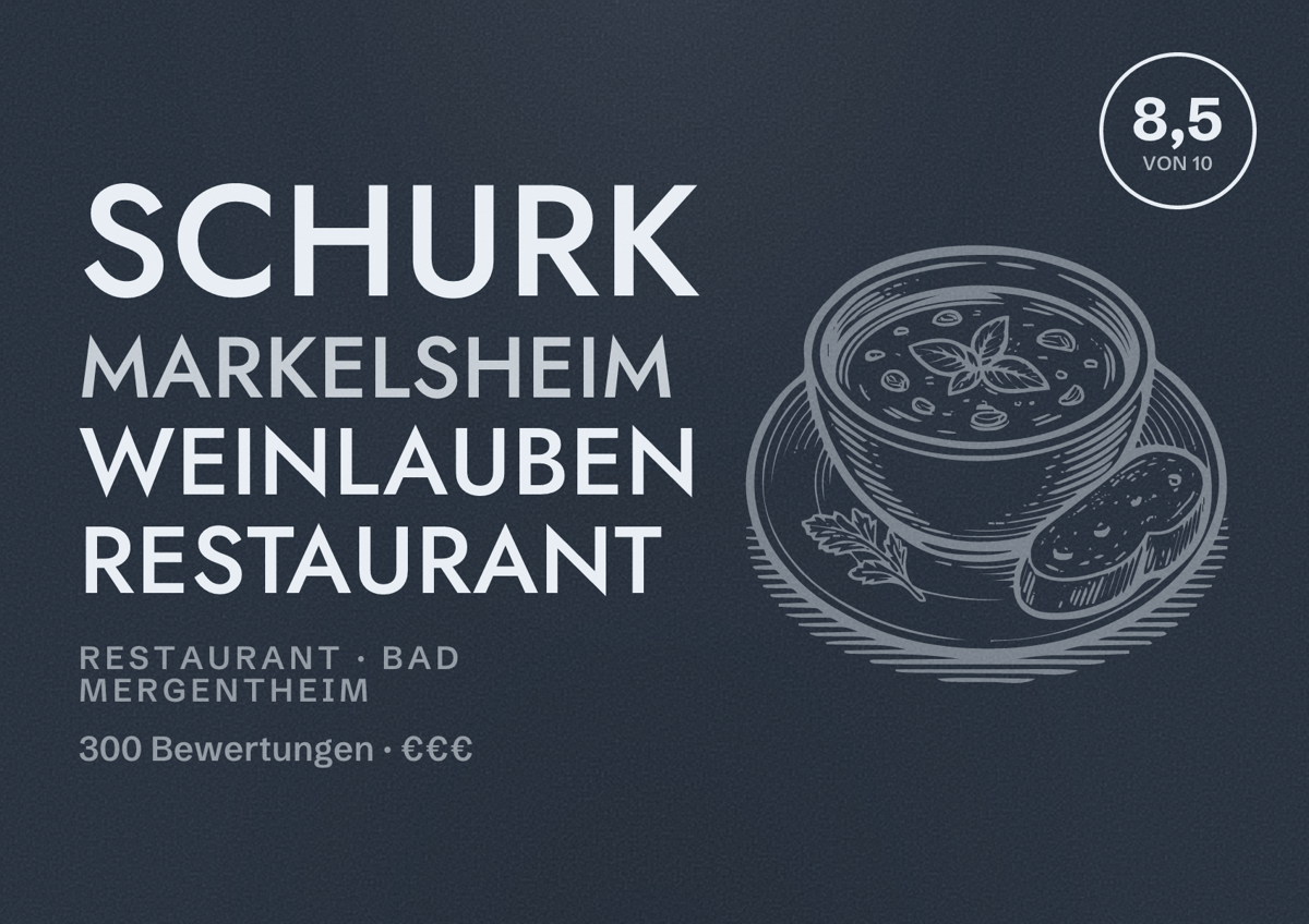Illustriertes Poster von Schurk Markelsheim Weinlauben Restaurant, Restaurant in Bad Mergentheim: Bewertung 8,5 von 10 aus 300 Bewertungen, Preisniveau €€€