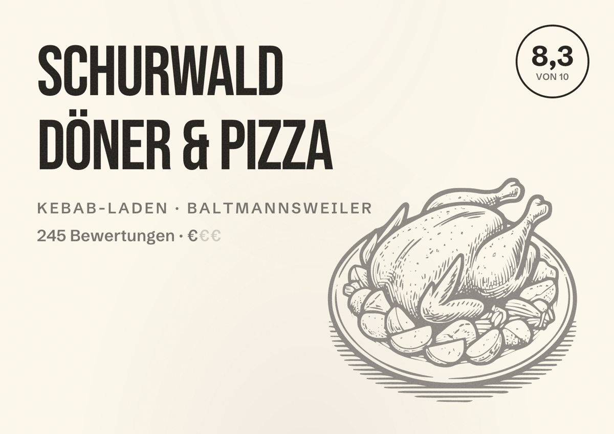 Illustriertes Poster von Schurwald Döner & Pizza, Kebab-Laden in Baltmannsweiler: Bewertung 8,3 von 10 aus 245 Bewertungen, Preisniveau €