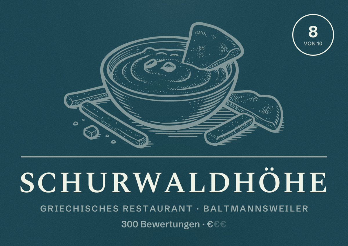 Illustriertes Poster von Schurwaldhöhe, Griechisches Restaurant in Baltmannsweiler: Bewertung 8 von 10 aus 300 Bewertungen, Preisniveau €