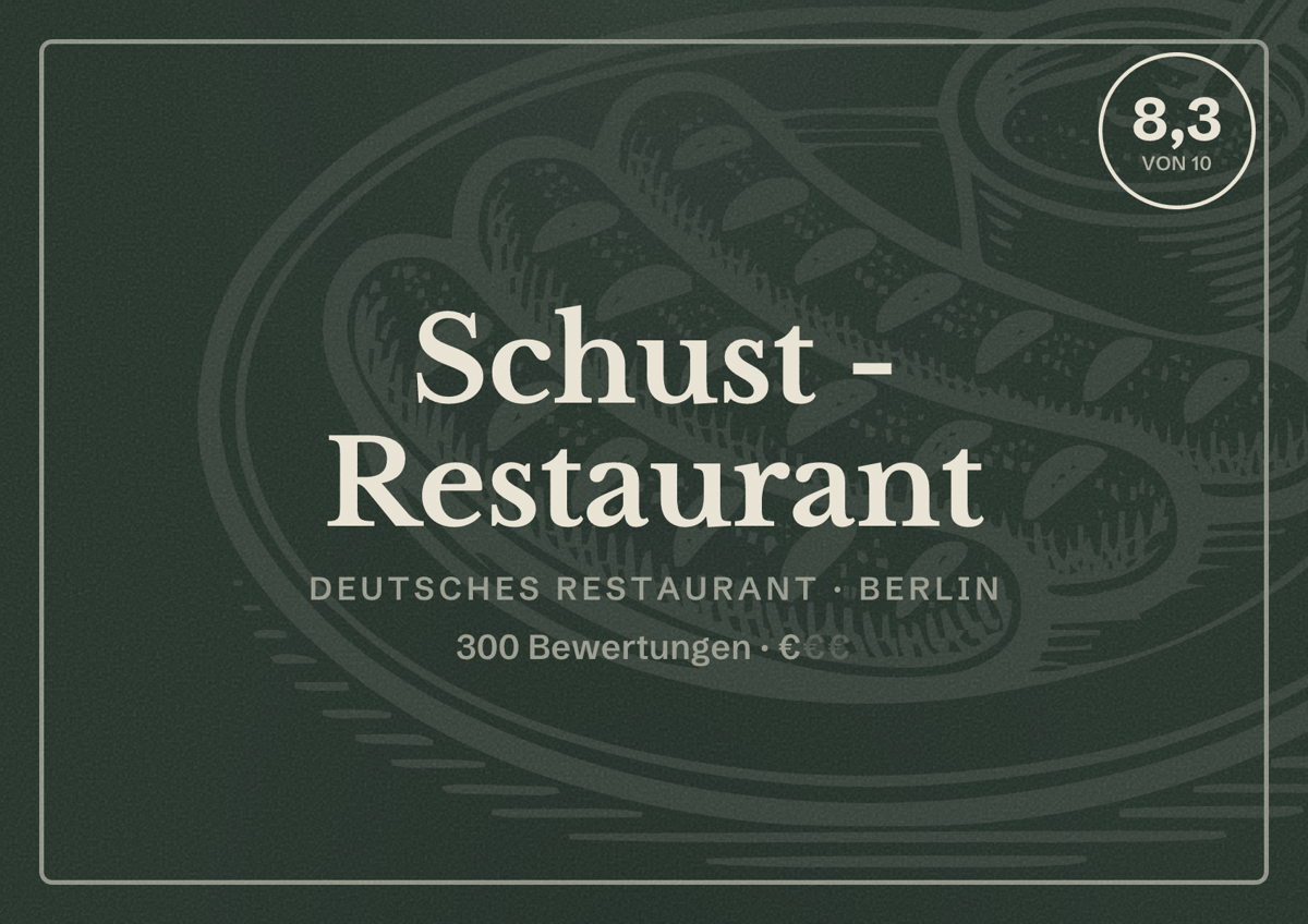 Illustriertes Poster von Schust - Restaurant, Deutsches Restaurant in Berlin: Bewertung 8,3 von 10 aus 300 Bewertungen, Preisniveau €