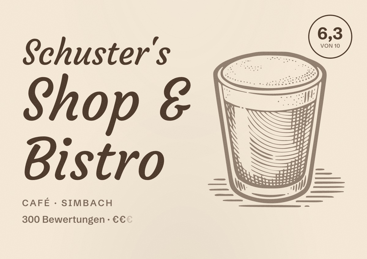 Illustriertes Poster von Schuster's Shop & Bistro, Café in Simbach: Bewertung 6,3 von 10 aus 300 Bewertungen, Preisniveau €€