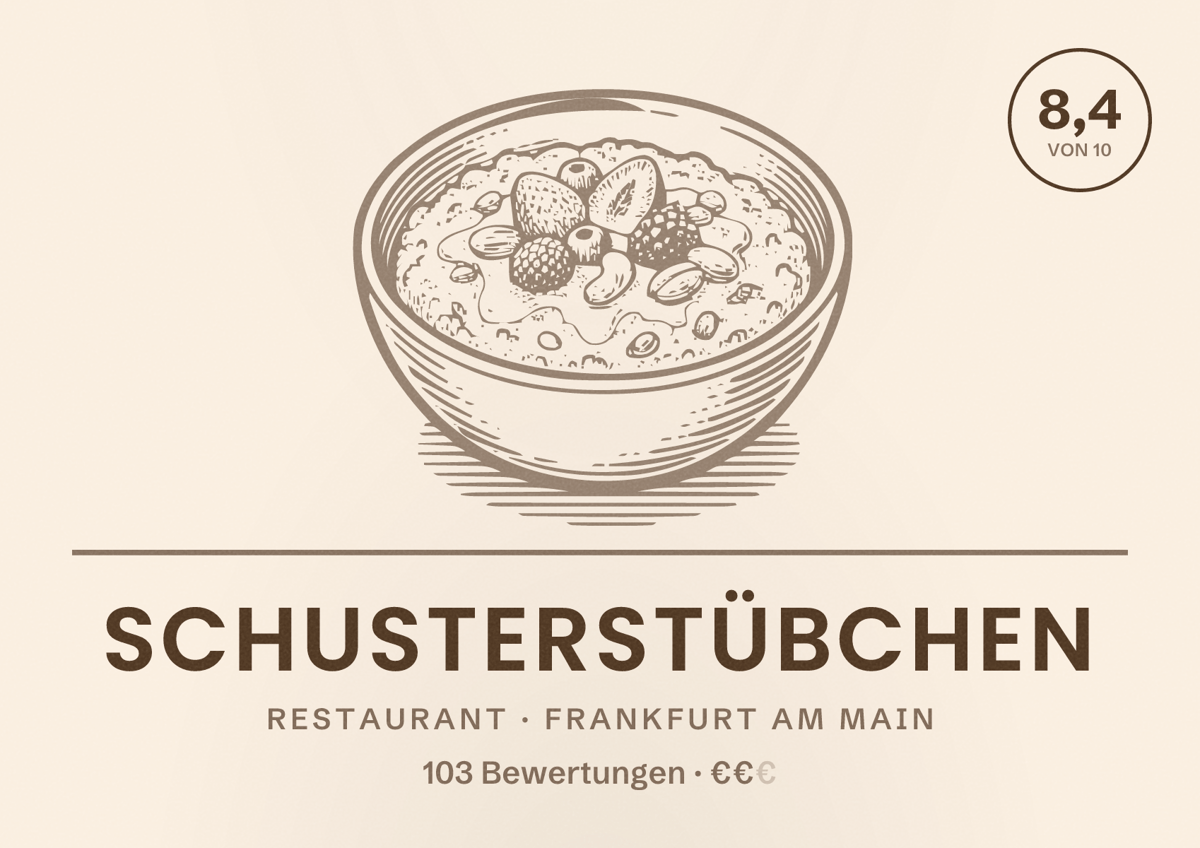 Illustriertes Poster von Schusterstübchen, Restaurant in Frankfurt am Main: Bewertung 8,4 von 10 aus 103 Bewertungen, Preisniveau €€