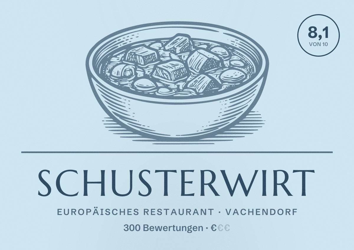 Illustriertes Poster von Schusterwirt, Europäisches Restaurant in Vachendorf: Bewertung 8,1 von 10 aus 300 Bewertungen, Preisniveau €