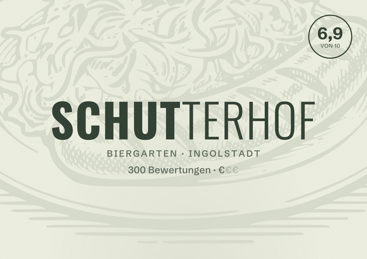 Illustriertes Poster von Schutterhof, Biergarten in Ingolstadt: Bewertung 6,9 von 10 aus 300 Bewertungen, Preisniveau €