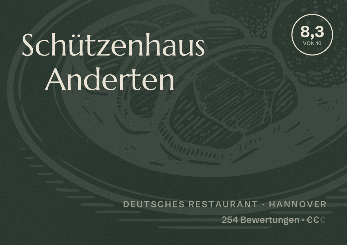 Illustriertes Poster von Schützenhaus Anderten, Deutsches Restaurant in Hannover: Bewertung 8,3 von 10 aus 254 Bewertungen, Preisniveau €€