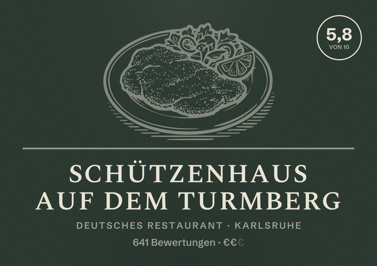 Illustriertes Poster von Schützenhaus auf dem Turmberg, Deutsches Restaurant in Karlsruhe: Bewertung 5,8 von 10 aus 641 Bewertungen, Preisniveau €€