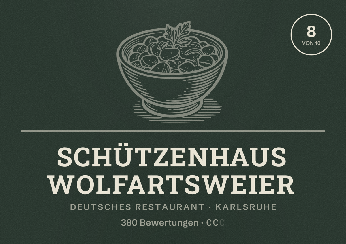 Illustriertes Poster von Schützenhaus Wolfartsweier, Deutsches Restaurant in Karlsruhe: Bewertung 8 von 10 aus 380 Bewertungen, Preisniveau €€