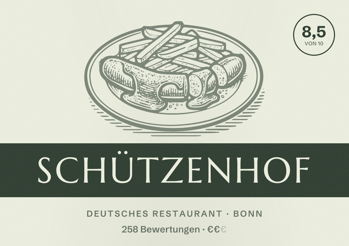 Illustriertes Poster von Schützenhof, Deutsches Restaurant in Bonn: Bewertung 8,5 von 10 aus 258 Bewertungen, Preisniveau €€