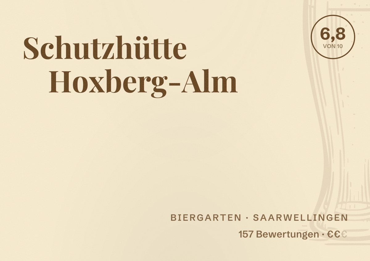 Illustriertes Poster von Schutzhütte Hoxberg-Alm, Biergarten in Saarwellingen: Bewertung 6,8 von 10 aus 157 Bewertungen, Preisniveau €€