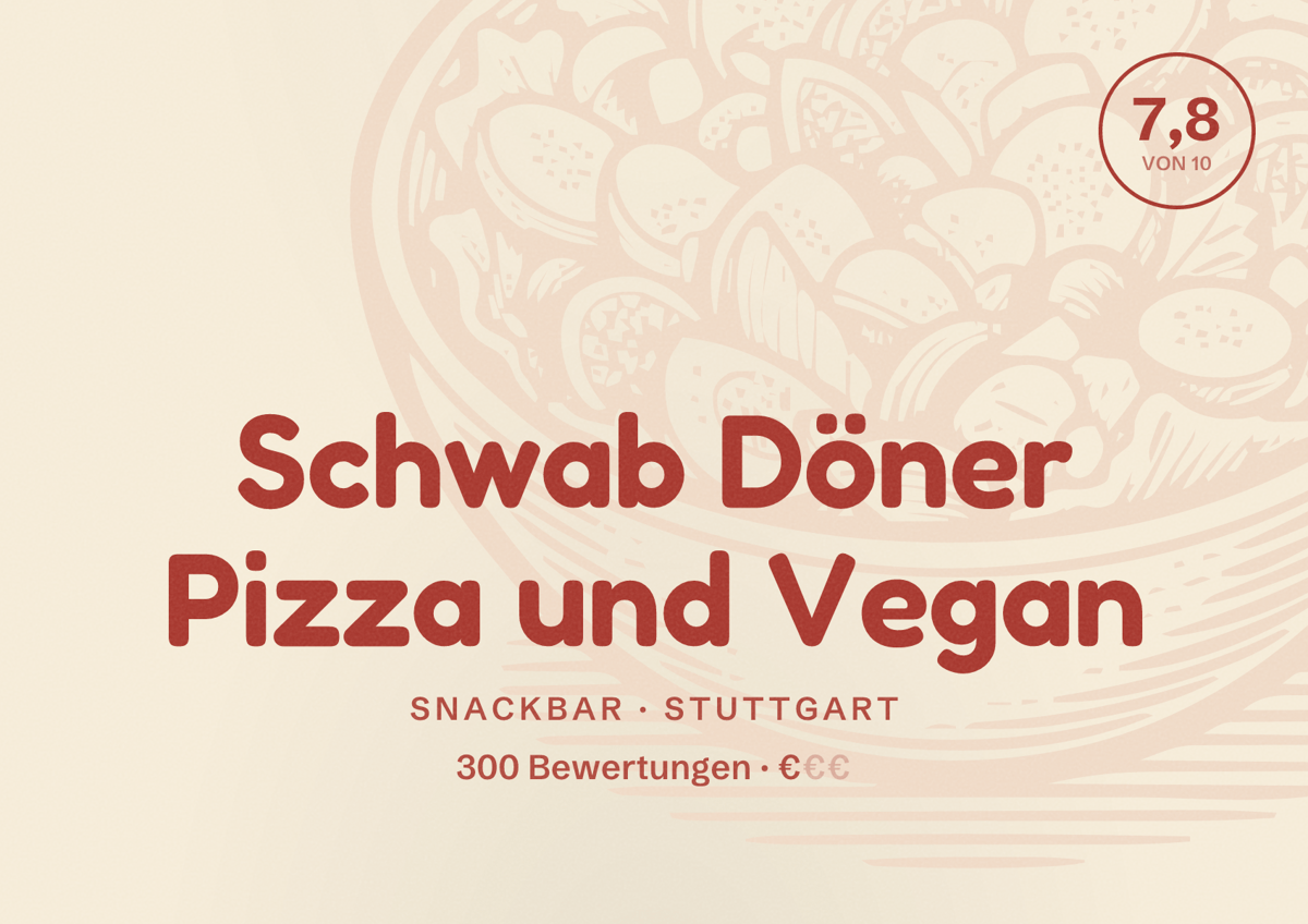 Illustriertes Poster von Schwab Döner Pizza und Vegan, Snackbar in Stuttgart: Bewertung 7,8 von 10 aus 300 Bewertungen, Preisniveau €