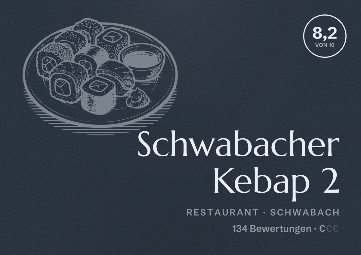 Illustriertes Poster von Schwabacher Kebap 2, Restaurant in Schwabach: Bewertung 8,2 von 10 aus 134 Bewertungen, Preisniveau €