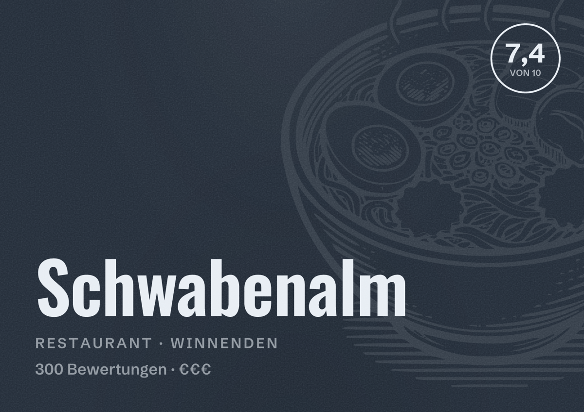 Illustriertes Poster von Schwabenalm, Restaurant in Winnenden: Bewertung 7,4 von 10 aus 300 Bewertungen, Preisniveau €€€