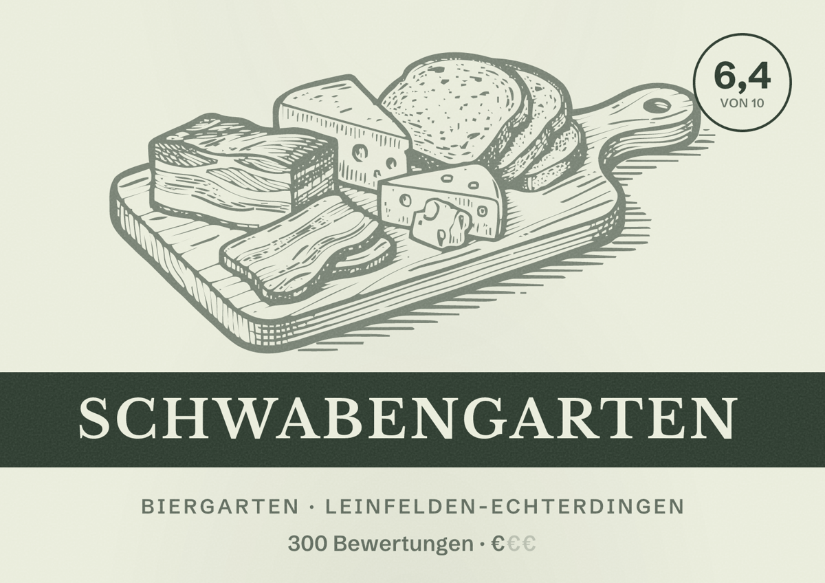 Illustriertes Poster von Schwabengarten, Biergarten in Leinfelden-Echterdingen: Bewertung 6,4 von 10 aus 300 Bewertungen, Preisniveau €