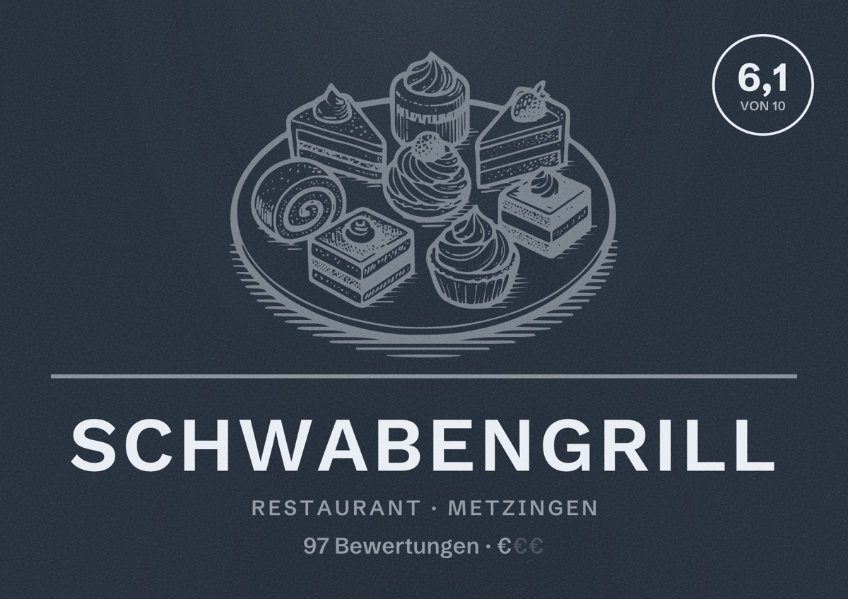 Illustriertes Poster von SchwabenGrill, Restaurant in Metzingen: Bewertung 6,1 von 10 aus 97 Bewertungen, Preisniveau €