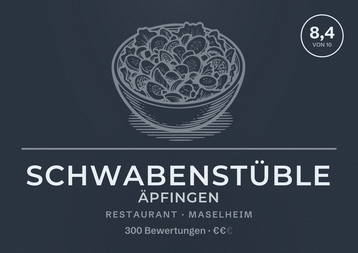 Illustriertes Poster von Schwabenstüble Äpfingen, Restaurant in Maselheim: Bewertung 8,4 von 10 aus 300 Bewertungen, Preisniveau €€