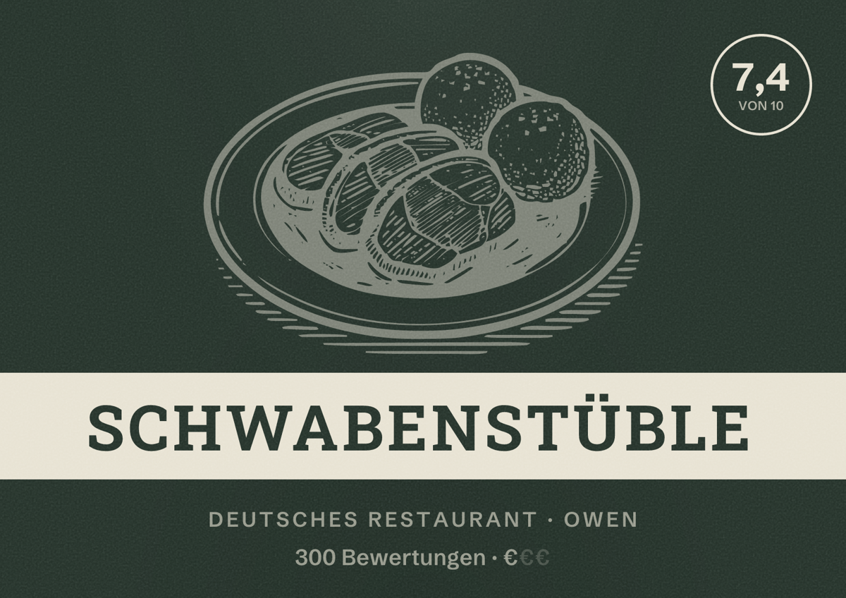 Illustriertes Poster von Schwabenstüble, Deutsches Restaurant in Owen: Bewertung 7,4 von 10 aus 300 Bewertungen, Preisniveau €