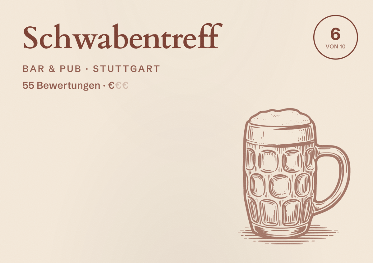 Illustriertes Poster von Schwabentreff, Bar & Pub in Stuttgart: Bewertung 6 von 10 aus 55 Bewertungen, Preisniveau €