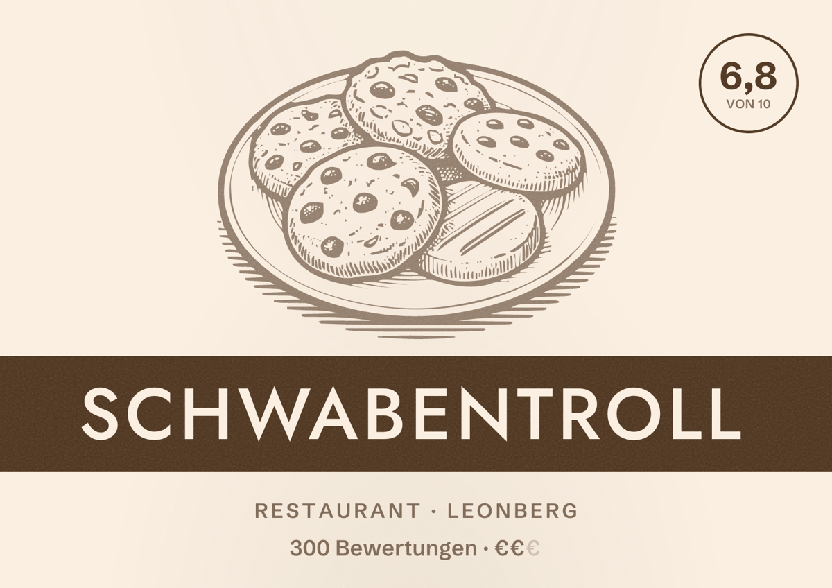 Illustriertes Poster von Schwabentroll, Restaurant in Leonberg: Bewertung 6,8 von 10 aus 300 Bewertungen, Preisniveau €€