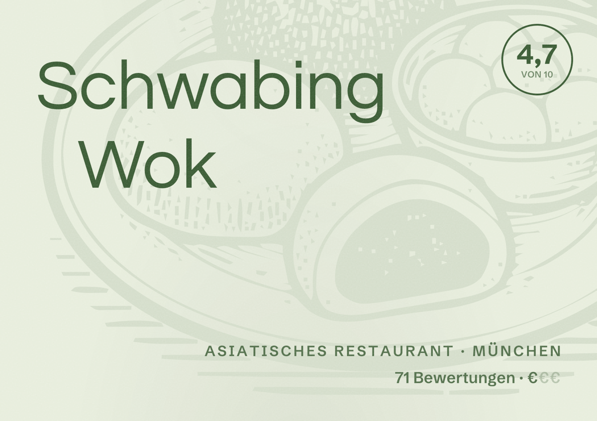 Illustriertes Poster von Schwabing Wok, Asiatisches Restaurant in München: Bewertung 4,7 von 10 aus 71 Bewertungen, Preisniveau €