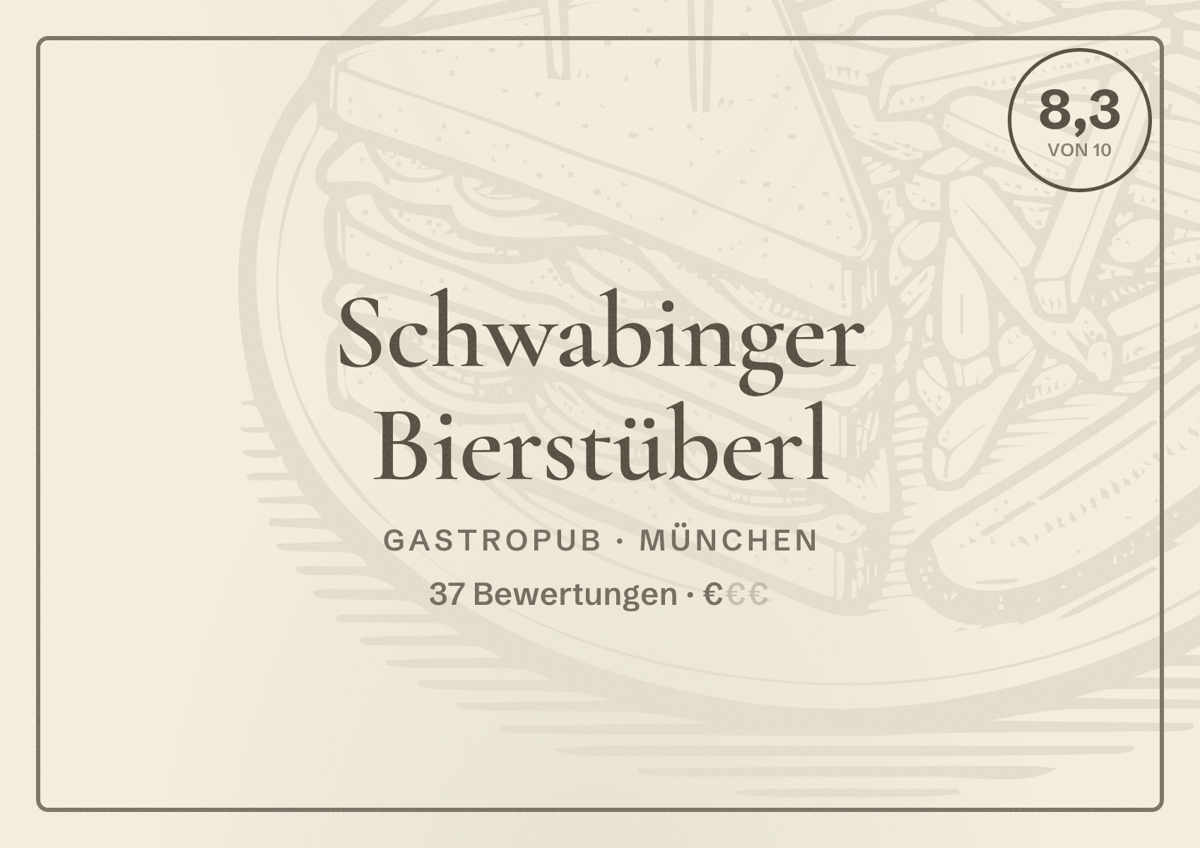 Illustriertes Poster von Schwabinger Bierstüberl, Gastropub in München: Bewertung 8,3 von 10 aus 37 Bewertungen, Preisniveau €