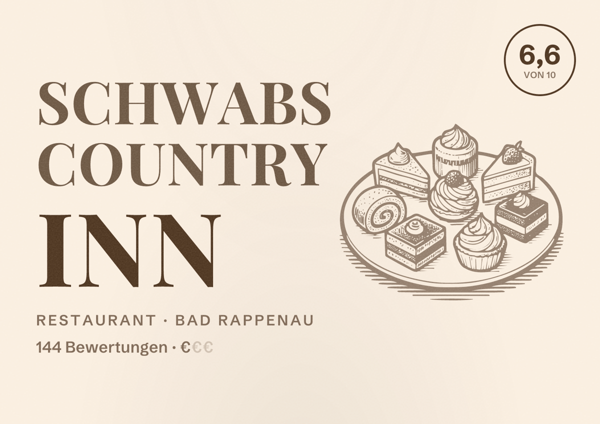 Illustriertes Poster von Schwabs Country Inn, Restaurant in Bad Rappenau: Bewertung 6,6 von 10 aus 144 Bewertungen, Preisniveau €