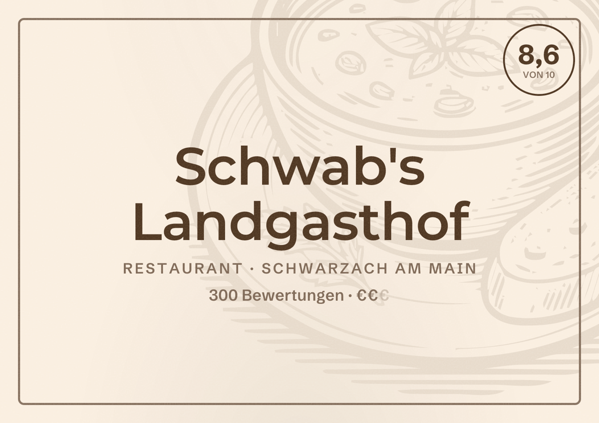 Illustriertes Poster von Schwab's Landgasthof, Restaurant in Schwarzach am Main: Bewertung 8,6 von 10 aus 300 Bewertungen, Preisniveau €€