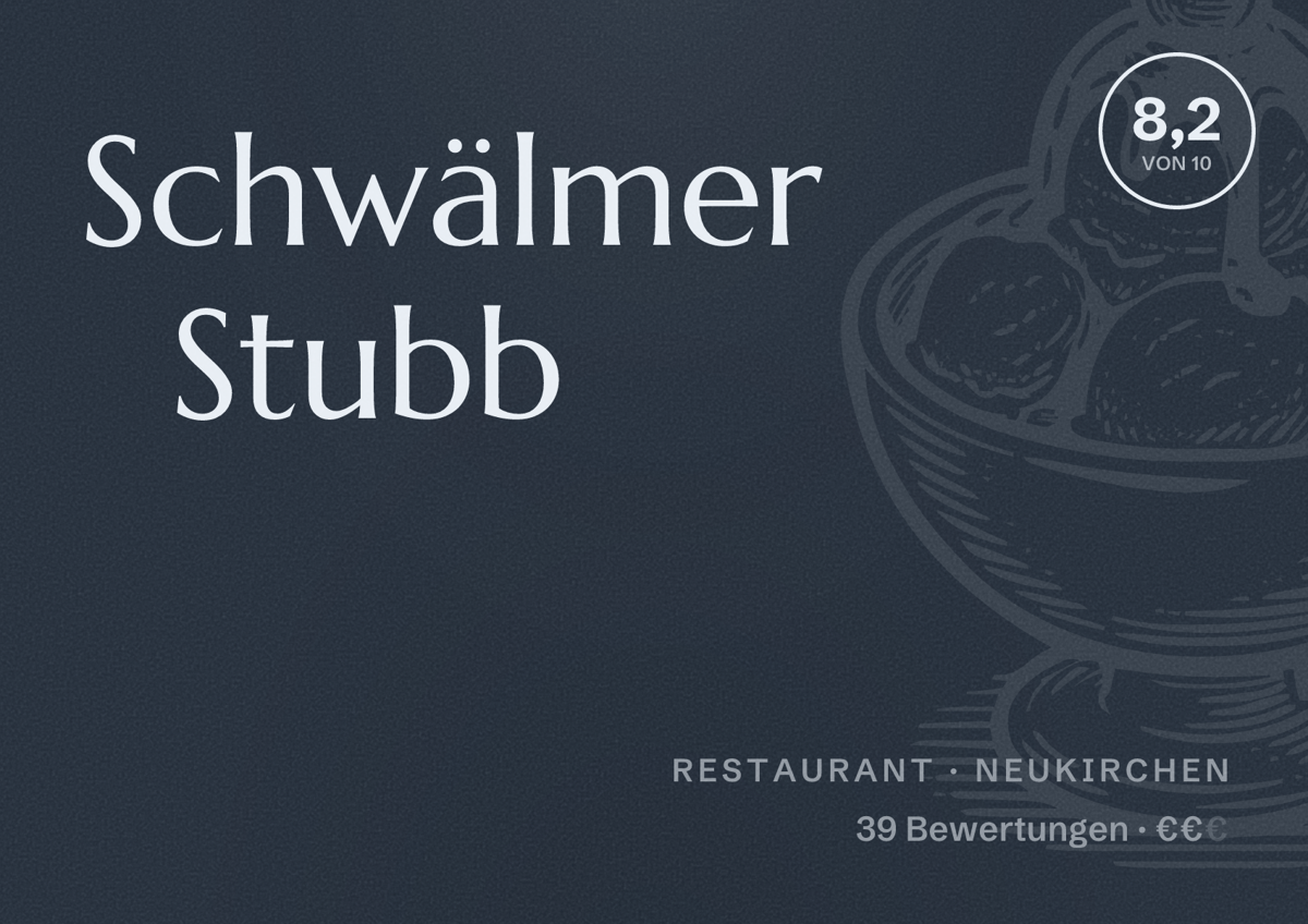Illustriertes Poster von Schwälmer Stubb, Restaurant in Neukirchen: Bewertung 8,2 von 10 aus 39 Bewertungen, Preisniveau €€