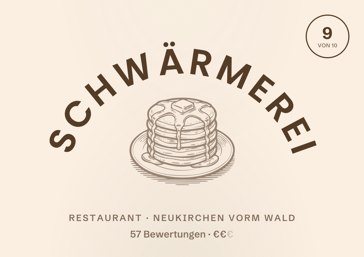 Illustriertes Poster von schwärmerei, Restaurant in Neukirchen vorm Wald: Bewertung 9 von 10 aus 57 Bewertungen, Preisniveau €€