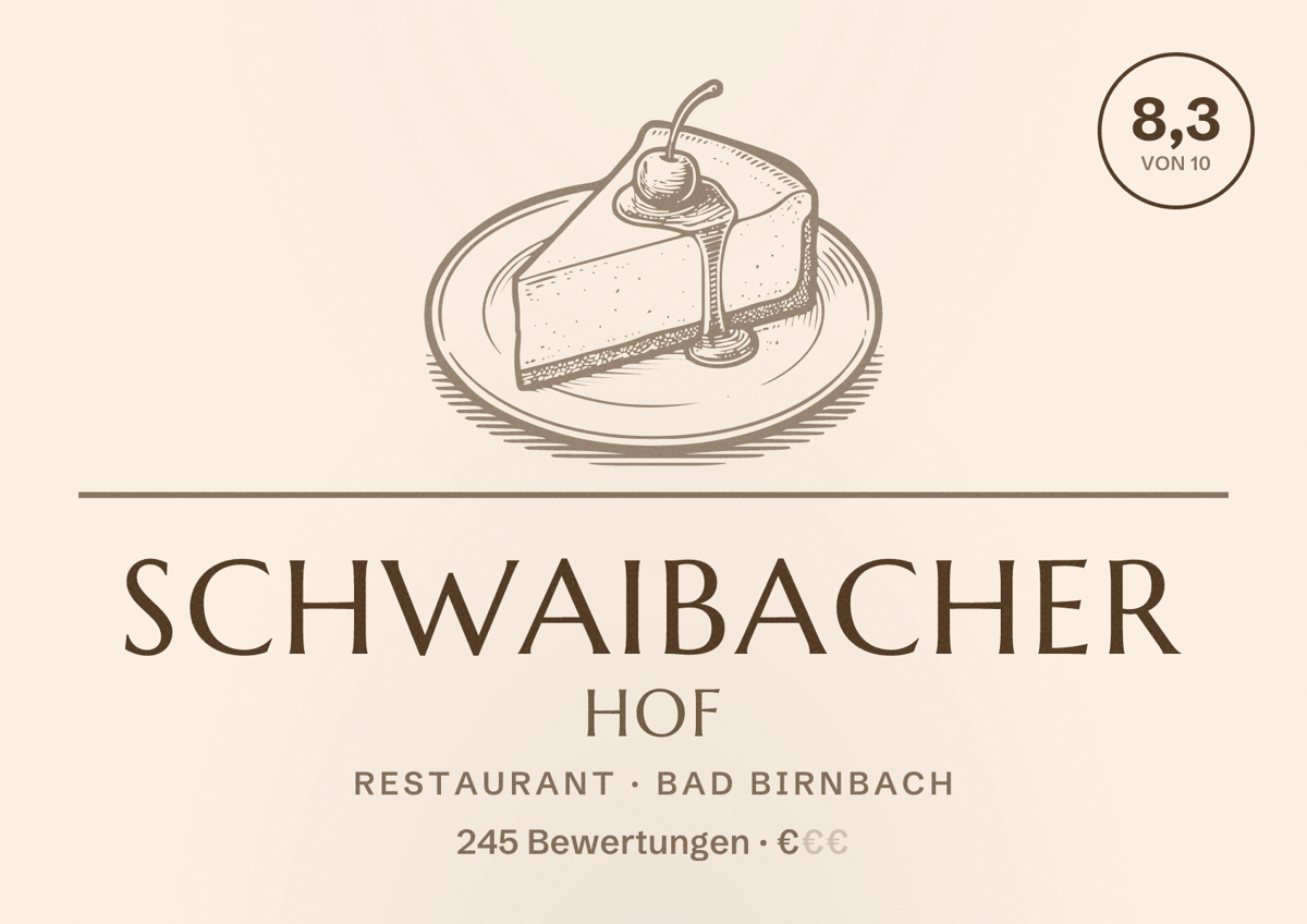Illustriertes Poster von Schwaibacher Hof, Restaurant in Bad Birnbach: Bewertung 8,3 von 10 aus 245 Bewertungen, Preisniveau €