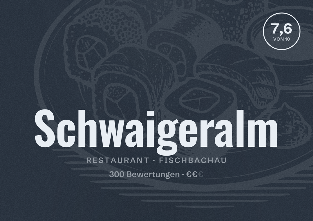 Illustriertes Poster von Schwaigeralm, Restaurant in Fischbachau: Bewertung 7,6 von 10 aus 300 Bewertungen, Preisniveau €€