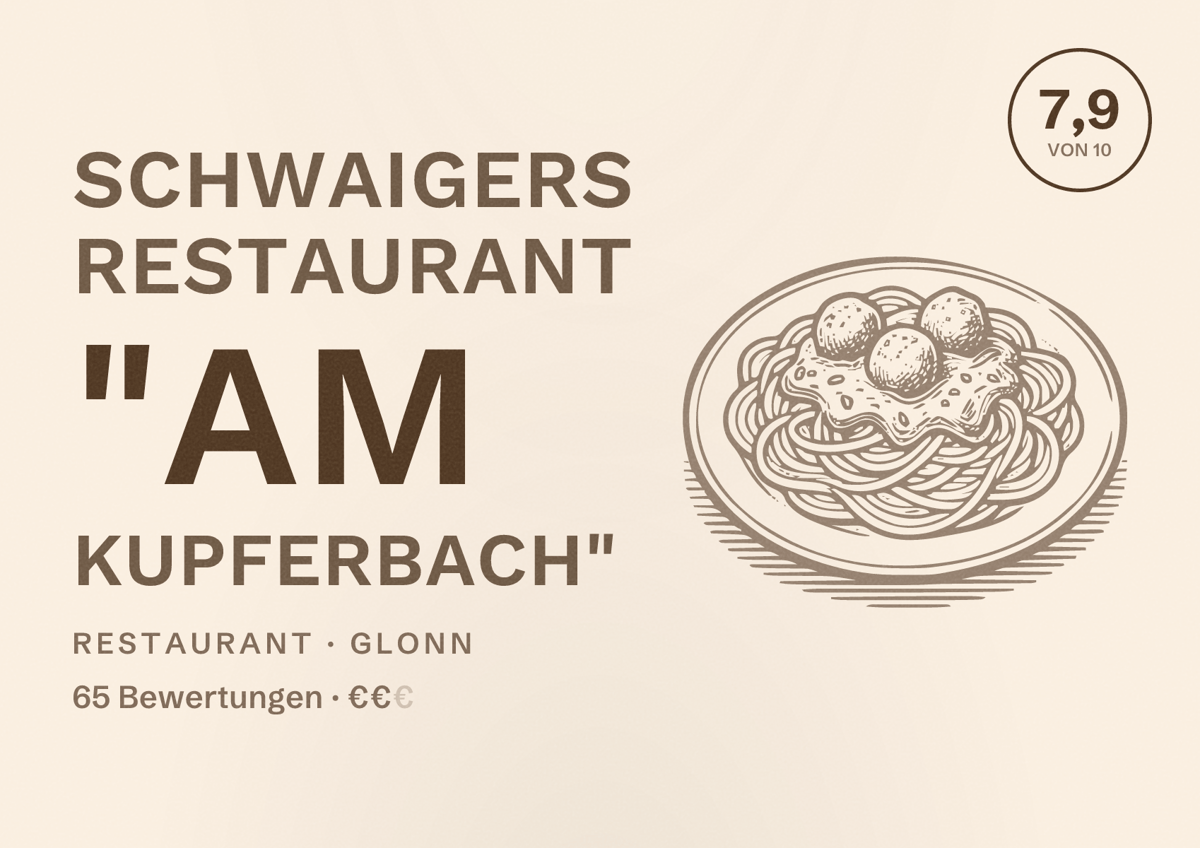 Illustriertes Poster von Schwaigers RESTAURANT "Am Kupferbach", Restaurant in Glonn: Bewertung 7,9 von 10 aus 65 Bewertungen, Preisniveau €€
