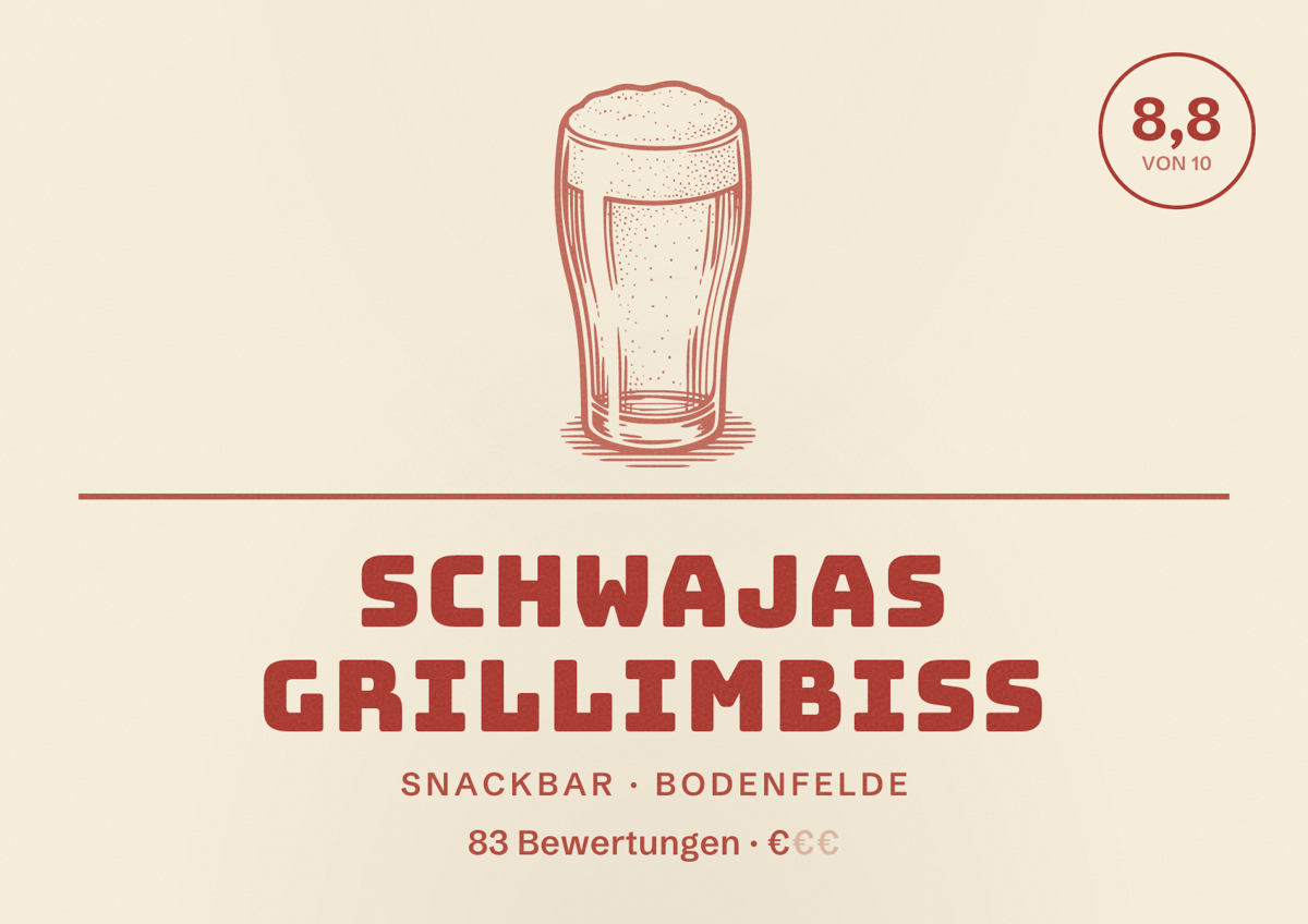 Illustriertes Poster von Schwajas Grillimbiss, Snackbar in Bodenfelde: Bewertung 8,8 von 10 aus 83 Bewertungen, Preisniveau €
