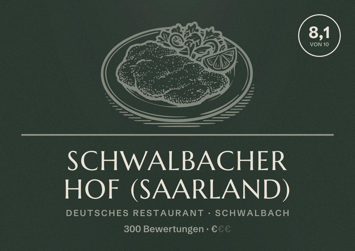Illustriertes Poster von Schwalbacher Hof (Saarland), Deutsches Restaurant in Schwalbach: Bewertung 8,1 von 10 aus 300 Bewertungen, Preisniveau €