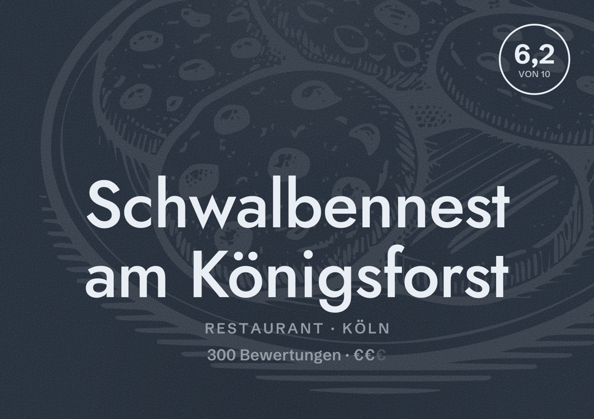 Illustriertes Poster von Schwalbennest am Königsforst, Restaurant in Köln: Bewertung 6,2 von 10 aus 300 Bewertungen, Preisniveau €€