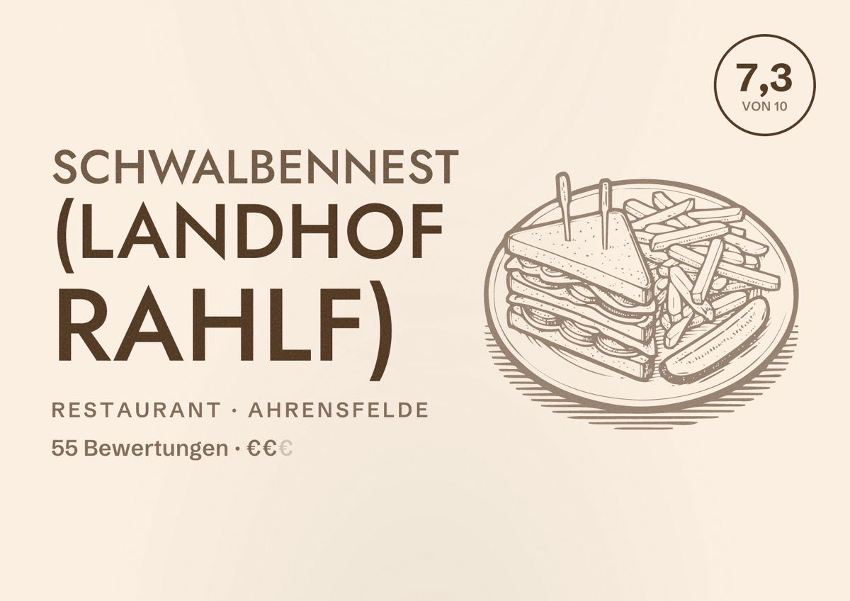 Illustriertes Poster von Schwalbennest (Landhof Rahlf), Restaurant in Ahrensfelde: Bewertung 7,3 von 10 aus 55 Bewertungen, Preisniveau €€