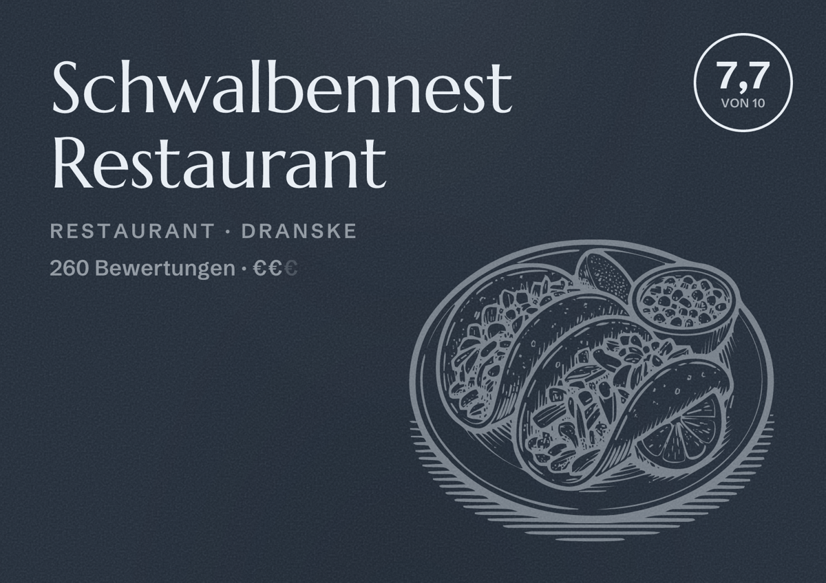 Illustriertes Poster von Schwalbennest Restaurant, Restaurant in Dranske: Bewertung 7,7 von 10 aus 260 Bewertungen, Preisniveau €€